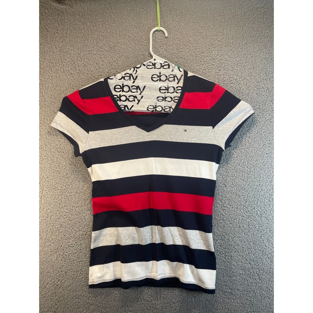 Tommy Hilfiger Shirt Mens Large Red White Blue Striped‎ Button Down Vintage